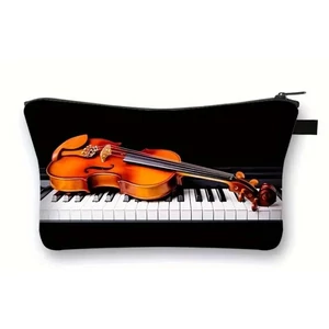 Kozmetikai táska, fekete, hegedű és billentyű mintával