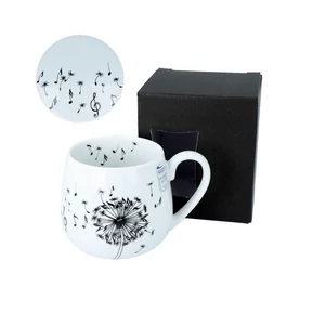 Bögre fehér porcelán, fekete szálló kottamintával, díszdobozban, fedéllel