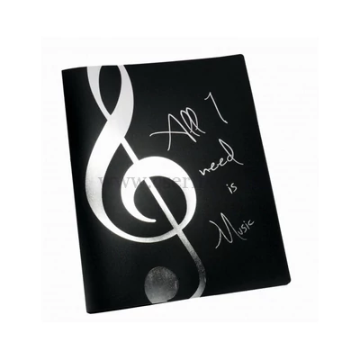 Mappa, fekete, 20 db lefűzhető irattartóval, ezüst violinkulcs mintával