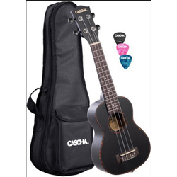 Ukulele szoprán Cascha, fekete + tok + 3 db pengető