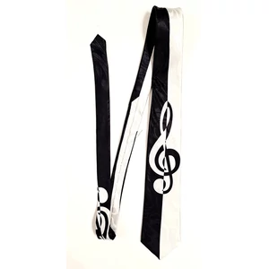 Nyakkendő fehér-fekete, nagy violinkulcs mintával, 140 cm X 5cm