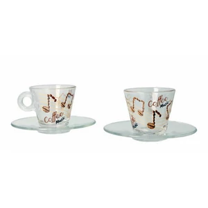 Eszpresszó csésze, üveg, 2 darabos, fehér, színes hangjegy mintás, "coffee music"felirattal