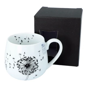 Bögre fehér porcelán, fekete szálló kottamintával, díszdobozban