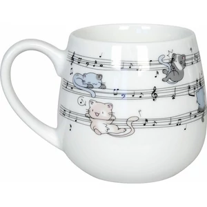 Bögre fehér porcelán, kotta és színes cicás mintával, díszdobozban