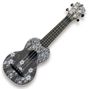 Szoprán ukulele,műanyag,12 érintő,fekete,virágok minta + tok