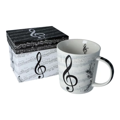 Bögre fehér porcelán, fekete violinkulcs mintával, díszdobozban