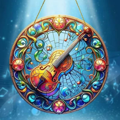 Ablakdísz, felakasztható, színes kerek akril tábla, hegedűvel