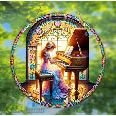 Ablakdísz, felakasztható, színes kerek akril tábla, zongorázó lányka Ablakdísz, felakasztható, színes kerek akril tábla, zongorázó lányka