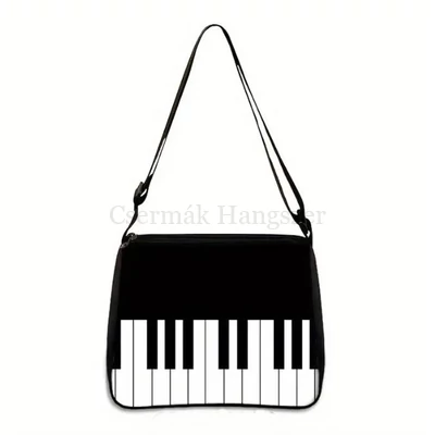 Táska, fekete fehér, fekete billentyűzet  és violinkulcs mintával  Táska, fekete fehér, fekete billentyűzet  és violinkulcs mintával