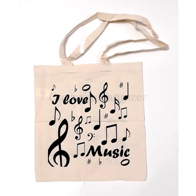 Szatyor natúr, fekete "I love Music" felirattal és hangjegyes  mintával