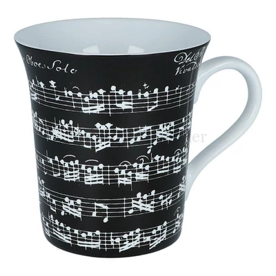 Bögre fekete porcelán, fehér Vivaldi zene kottamintával, díszdobozban