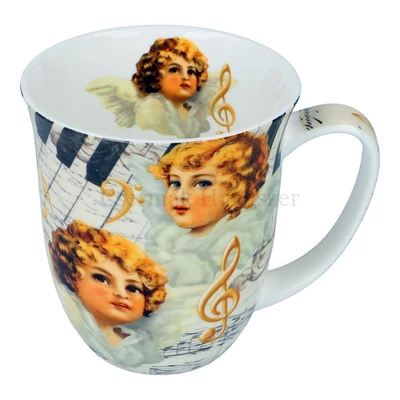 Bögre fehér porcelán, angyali arcokkal, felhőkkel, violinkulcs és egyéb hangszeres mintával