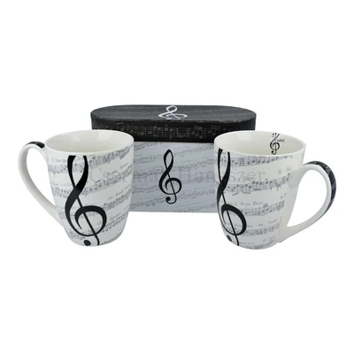 Bögre fehér porcelán, 2 db, fekete violinkulcs és kottamintával, díszdobozban