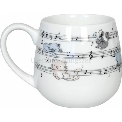 Bögre fehér porcelán, kotta és színes cicás mintával, díszdobozban