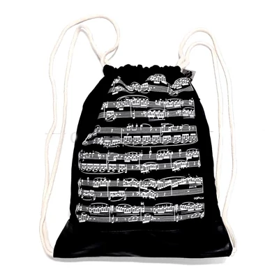 Hátizsák, vászon, fekete, zsinóros, fehér kotta mintás Hátizsák, vászon, fekete, zsinóros, fehér kotta mintás