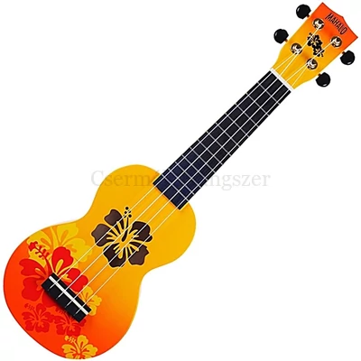 Ukulele szoprán, tokkal, narancs, színes mintás