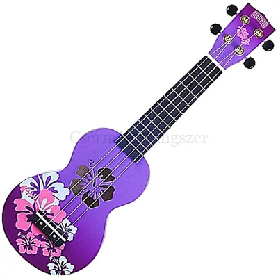 Ukulele szoprán, tokkal, lila, színes mintás