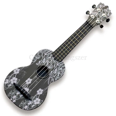 Szoprán ukulele,műanyag,12 érintő,fekete,virágok minta + tok
