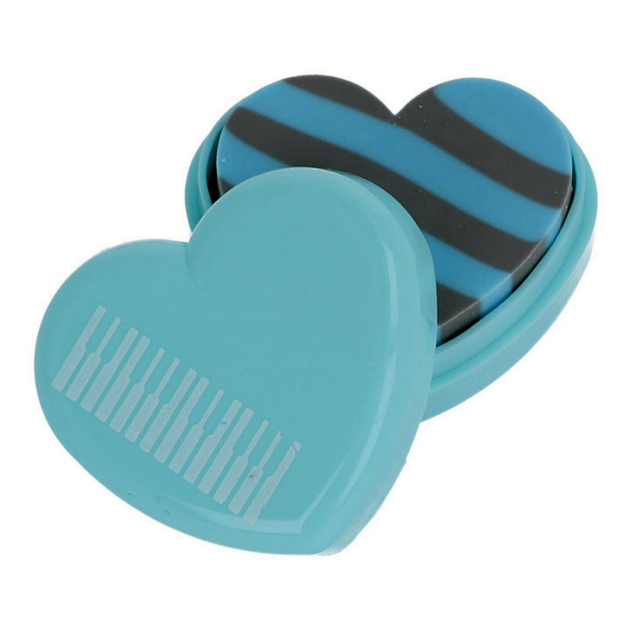 Radír egy hozzáillő szív alakú dobozban , billentyűzet motívummal,kék színben