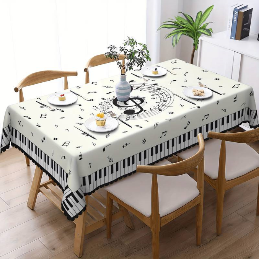 Asztalterítő téglalap alakú, bézs alapon, fekete billentyűzet, hangjegy és vilonkulcs mintával