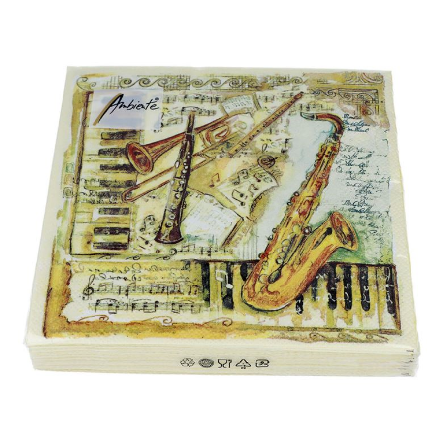 Szalvéta csomag, arany színű hangszerekkel, billentyűkkel, hangjegyekkel, 20 darabos 